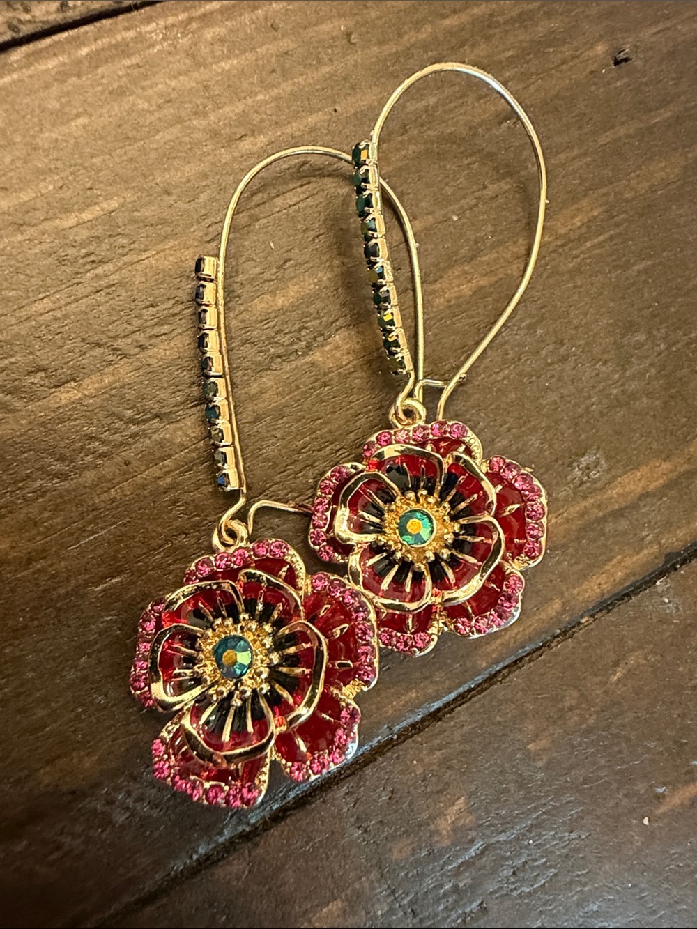 Gold Floral Drop Earrings with Crystals